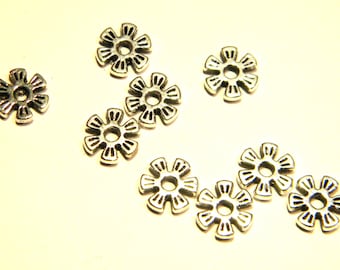 50 silver interlayer pearl, metal pearl, spacer pearl, flower 6 petals 8 mm, silver pearl, A307
