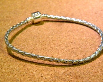 bracelet cuir tressé argenté pour perle charm européenne style pandor@ -perles européennes-D16