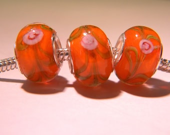 2 bead charm European - glass lampwork - 14 x 11 mm-deep orangey pink - D45