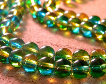 45 glass beads 6 mm - translucent 2 tones - blue green and yellow -PG303-3