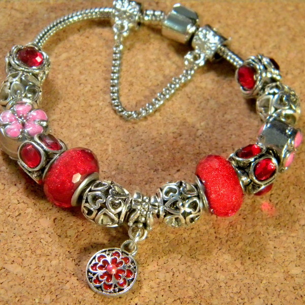 bracelet 19cm- style pandor@ maille serpent avec perles strass europeenne - rouge - K1