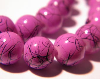 40 glass beads wired 8 mm- glass bead - drawbench- black threaded purple- G133-3