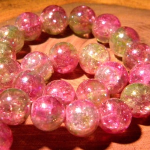 10 kralen geplateerd glas doorschijnend AB - regenboogeffect - 12 mm-groen en roze - PF130-1