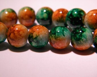 shiny 20 beads marbled glass 2 - 8 mm Green and orange - toned PG42