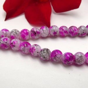 70 speckled glass beads - painted glass - 6 mm drawn glass bead - white and fuchsia glass - 6 mm glass bead - painted glass bead - Q348