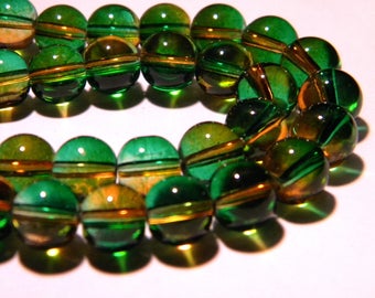 50 2-tone translucent glass beads - 8 mm bead - green and amber - PG44-1