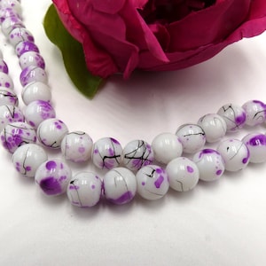 50 speckled glass beads - painted glass - 8 mm drawn glass bead - white and purple glass - 8 mm glass bead - painted glass bead - Q352-11