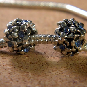3 European charm beads - flower - rhinestone - blue crystal - SILVER - 11 x 8 mm C21