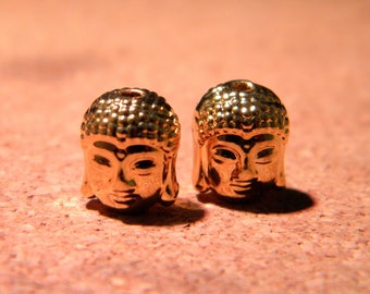 2 beads Buddha head, gold tone Tibetan style - 11 x 9 mm - PF55