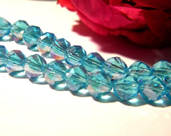 Blue faceted glass beads, 8 mm - turquoise blue electroplated glass iridescent - 14 faceted 8 mm - 2 A81 glass Pearl bead