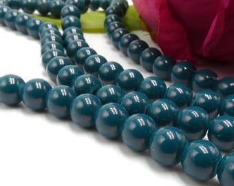 100 perles en verre 6 mm  - perle verre ronde bleu - perle en verre cuit  - perle brillante bakingpaint - perle bleu canard - Q367