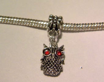 2 perle balance beliere -pendentif hibou -argent antique- 25 mm-strass rouge D41