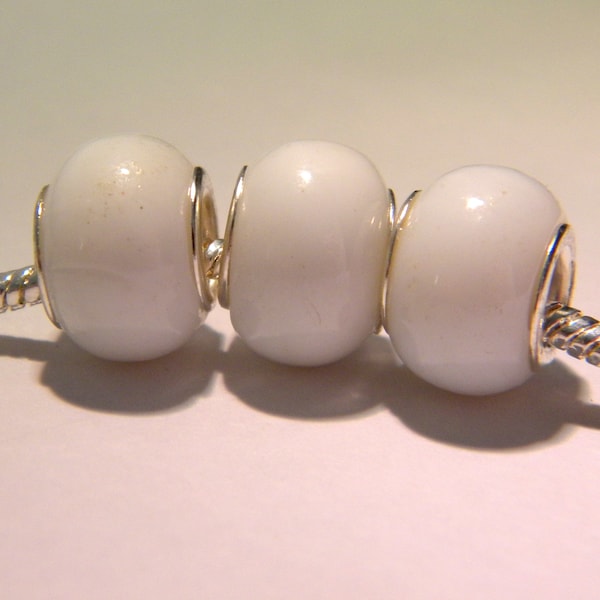 5 perle charm européenne -verre lampwork -14  x 10 mm -blanc- perle gros trou 5 mm -  G251