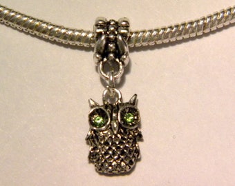 Pearl Libra bail - pendant - antique silver OWL - 25 mm Green rhinestone D41