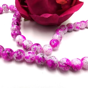40 speckled glass beads - painted glass - 10 mm drawn glass bead - white and fuchsia glass - 10 mm glass bead - painted glass bead - Q359