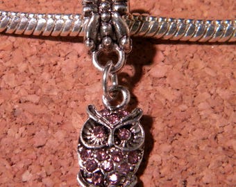 Perle balance pendentif perle europeenne-strass rose-hibou- 26 mm - D89