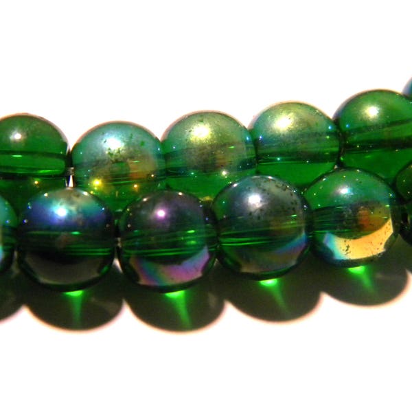 20 perles verre- 8 mm- effet métal et glass- vert -perle en verre electroplaqué AB-  G98-4