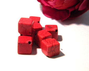 10 kralen cube 12 mm - natuurlijke - rode - Pearl howliet howliet - H32