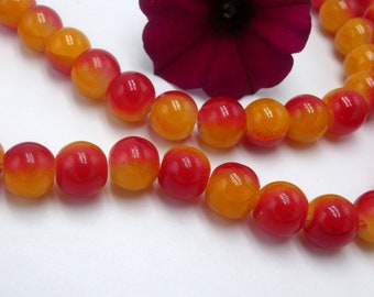 perles en verre , perle verre craquelé 10 mm , verre "agate" craquelé, 10 Pcs,  jaune rouge - perle de verre  imitation agate Q155-2