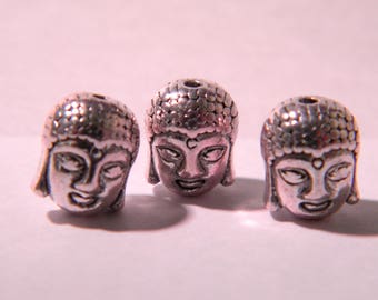 5 perles tête de bouddha, en métal argenté style tibétain - 11 x 9 mm- PE299