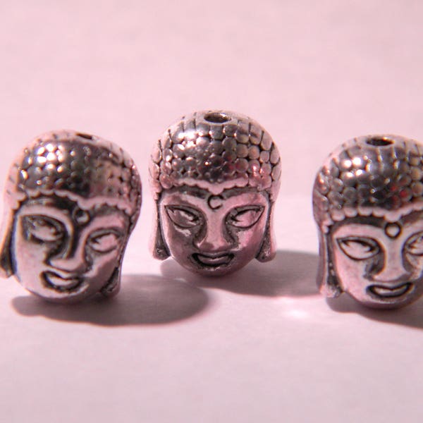 5 perles tête de bouddha, en métal argenté style tibétain - 11 x 9 mm- PE299