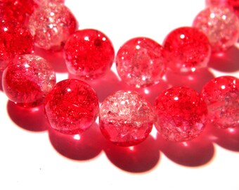 50 perles en verre craquelé 8 mm  translucide - rouge -perle verre bicolore- glass-  G110