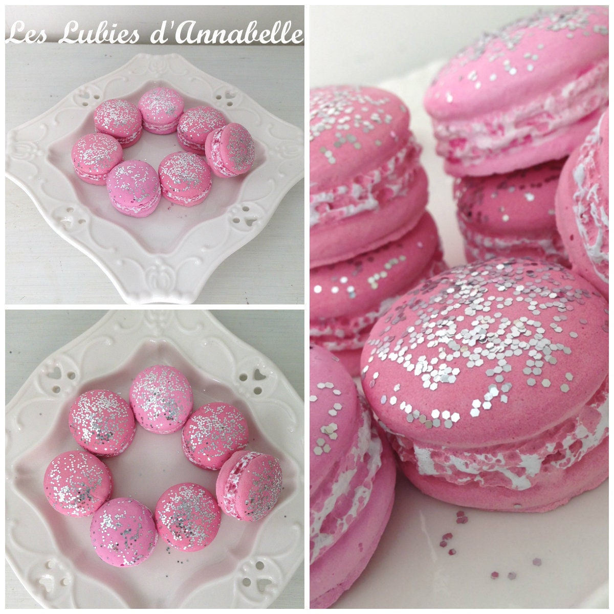 Lot 7 Macarons en Plâtre Teintés Dans La Masse Style Shabby Chic et Paillettes