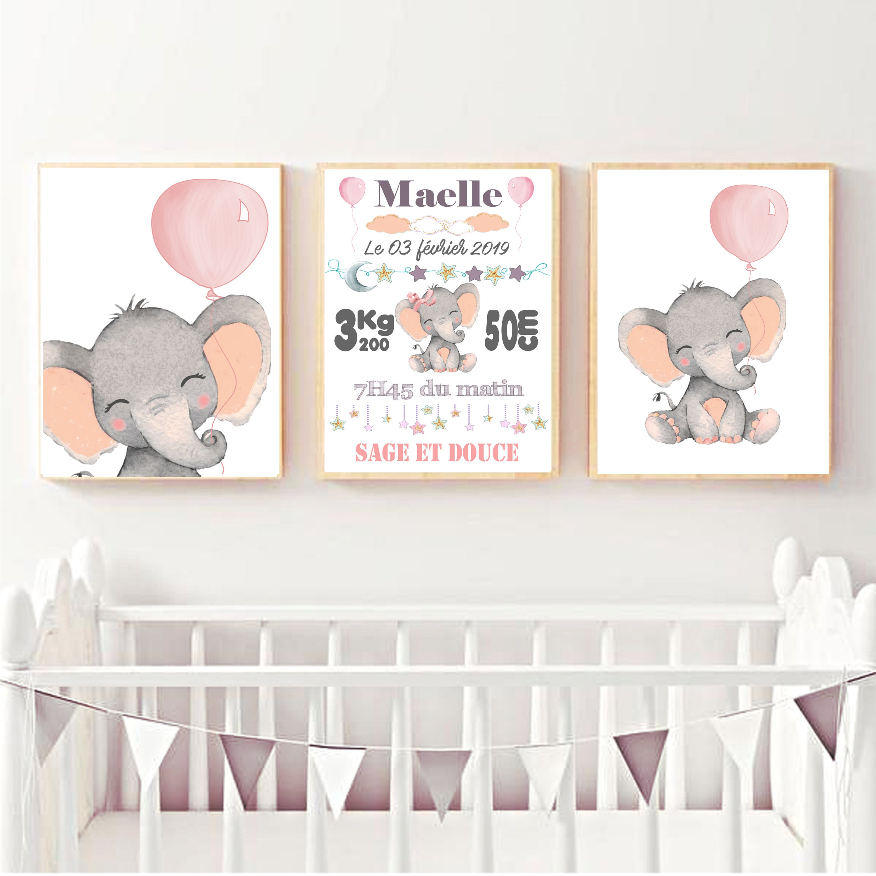 Affiche Naissance Bébé Fille Lot de 3 Pour Chambre d'enfant Thème Éléphant Ballons Personnalisable