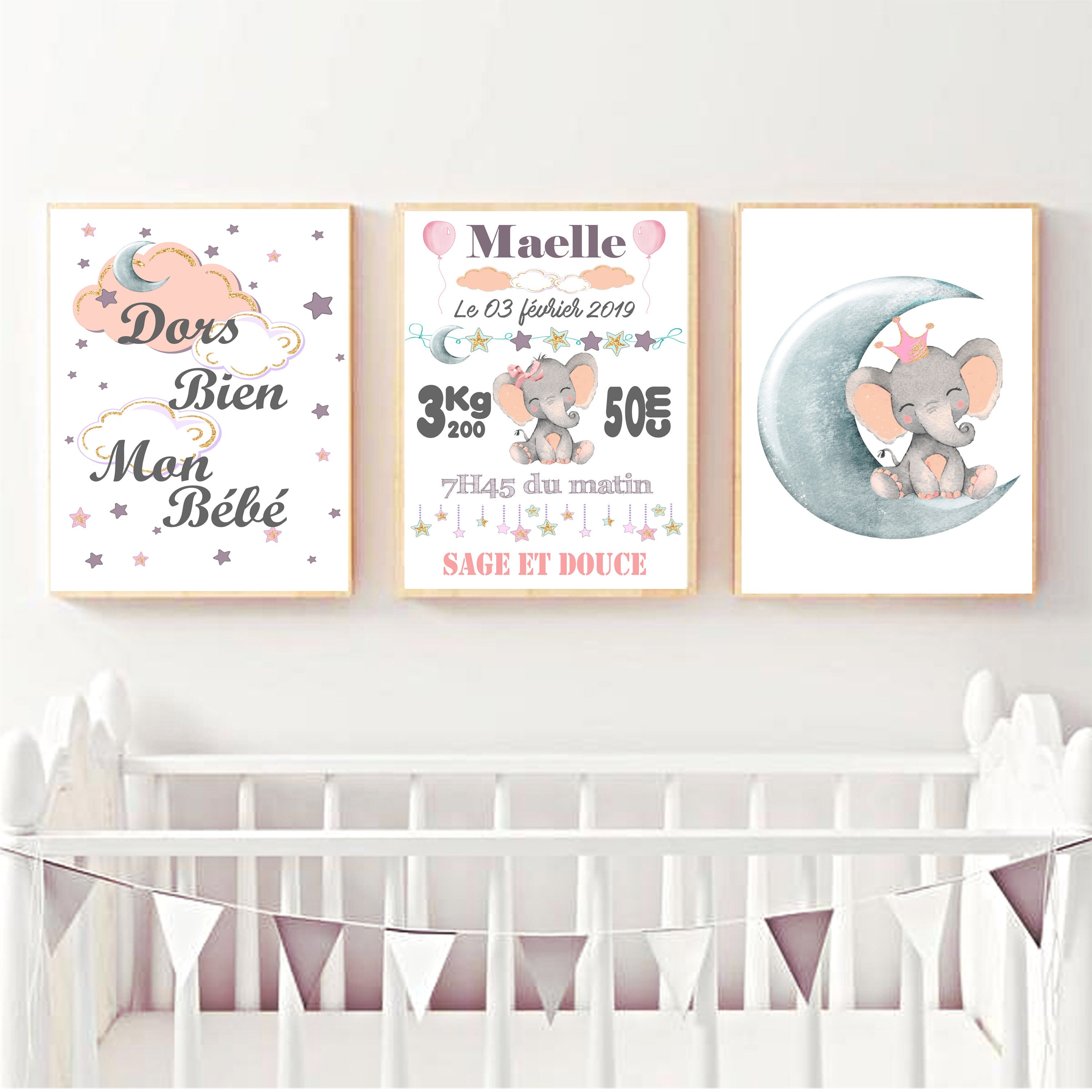 Affiche Naissance Bébé Fille Lot de 3 Thème Éléphant Lune Personnalisable
