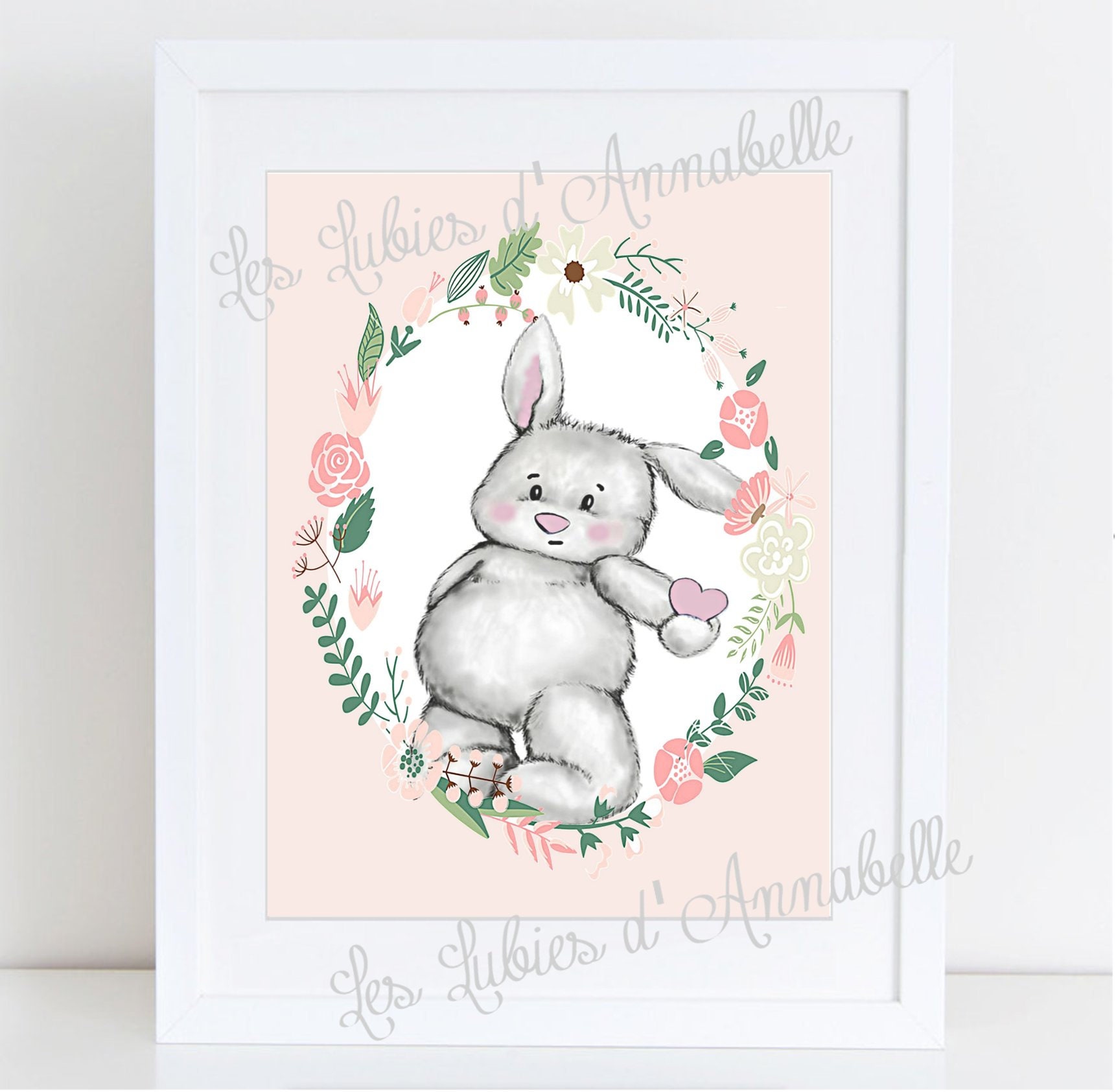Affiche Lapin Romantique avec Couronne de Fleur Décoration Chambre Fille
