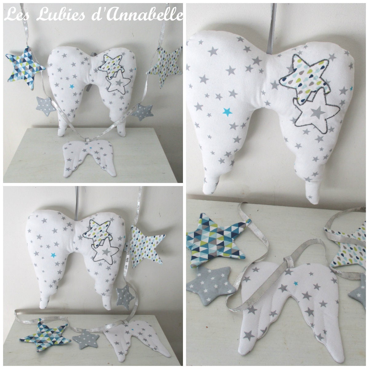 Aile d'ange en Tissu + Guirlande de 4 Étoiles et 1 Aile d'ange