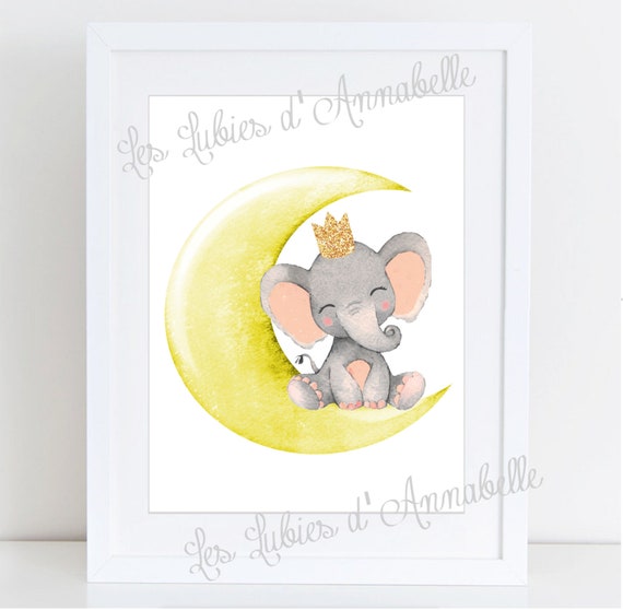 Affiches Chambre D Enfant Theme Bebe Elephant Et Lune Etsy