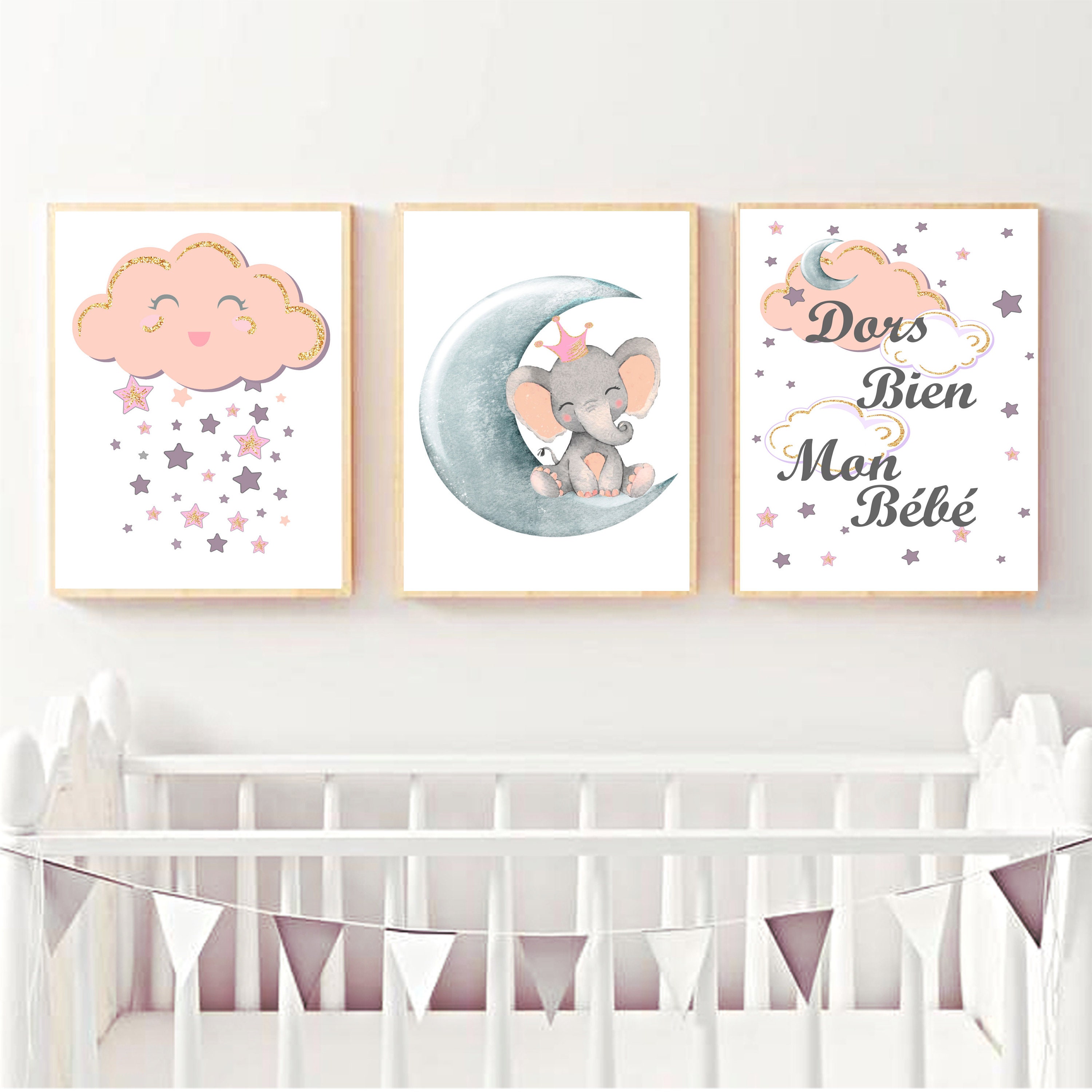 Affiche Naissance Bébé Fille Lot de 3 Thème Éléphant Nuages et Lune