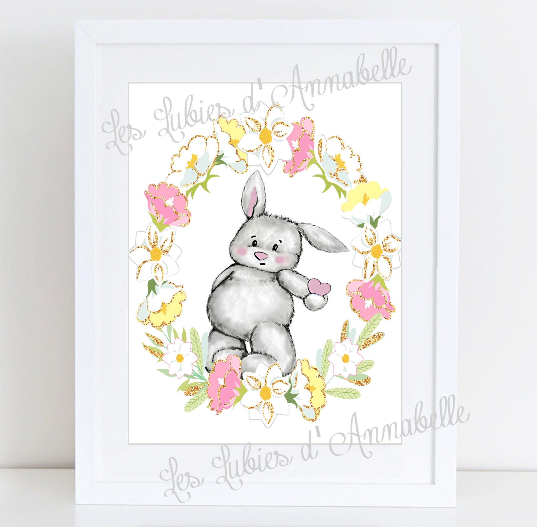 Affiche Lapin Romantique avec Couronne de Fleur Décoration Chambre Fille