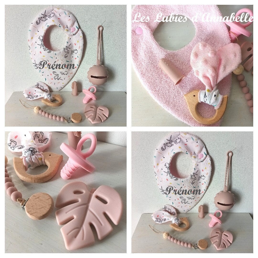 Coffret Cadeau Bébé 7 Pièces Jouet 1Er Âge en Silicone + Bavoir Personnalisable