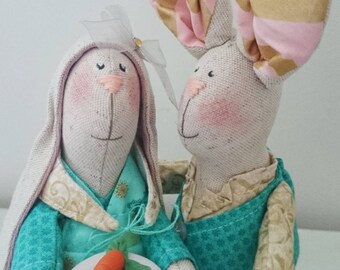 Dolls rabbits style shabby Chic linen Tilda inspired couple