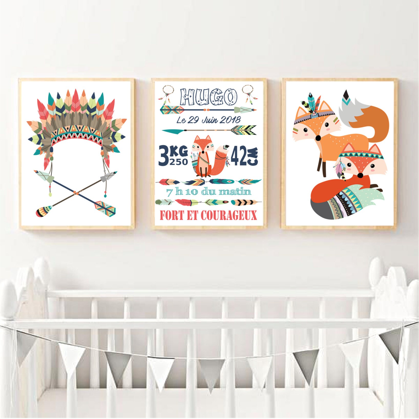 Baby Birth Poster Batch Of 3 For Indian Fox Or Tribal Theme Etsy Hong Kong