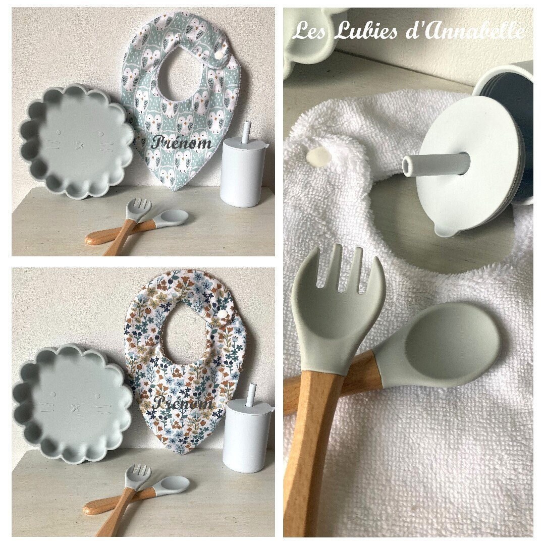 Coffret Cadeau Bébé Set Repas en Silicone + Bavoir Personnalisé