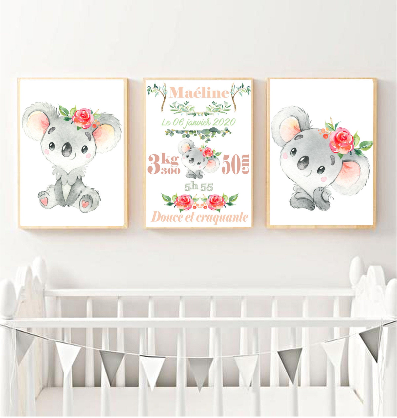Affiche Naissance Bébé Fille Lot de 3 Thème Koala