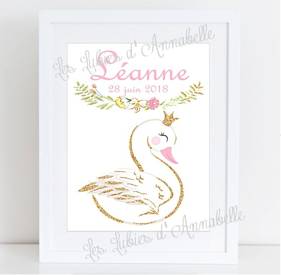 Affiche Cygne Couronne Personnalisable Avec Prenom Et Date De Etsy