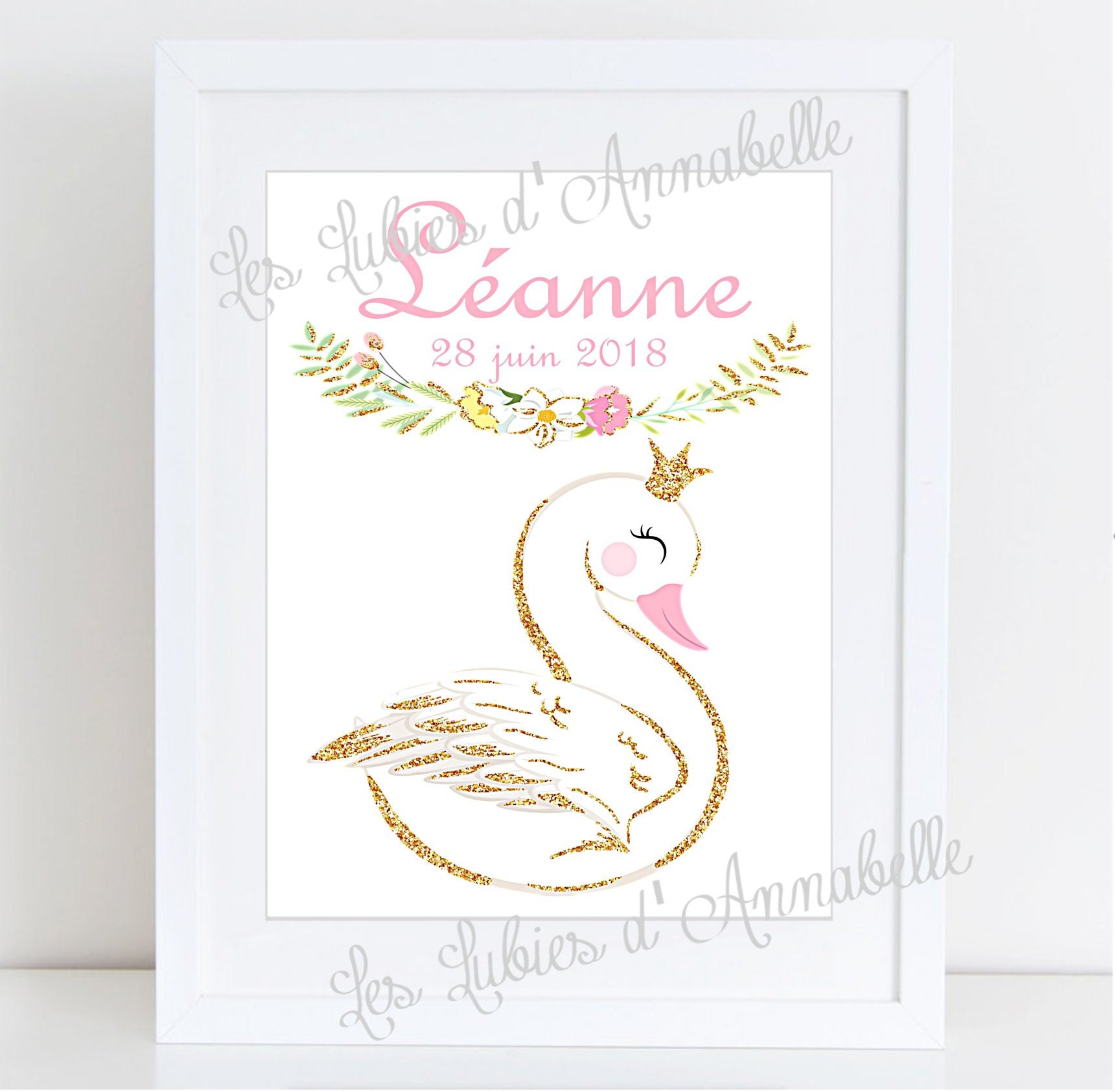 Affiche Cygne Couronne Personnalisable avec Prénom et Date de Naissance.