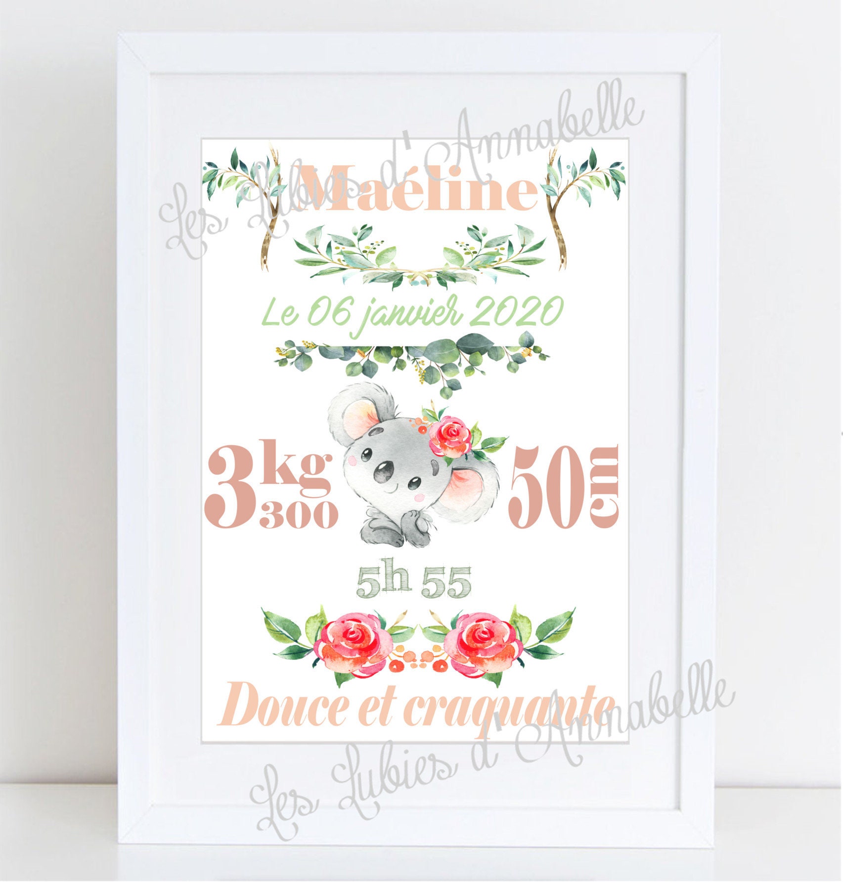 Affiche Naissance Bébé Fille Thème Koala