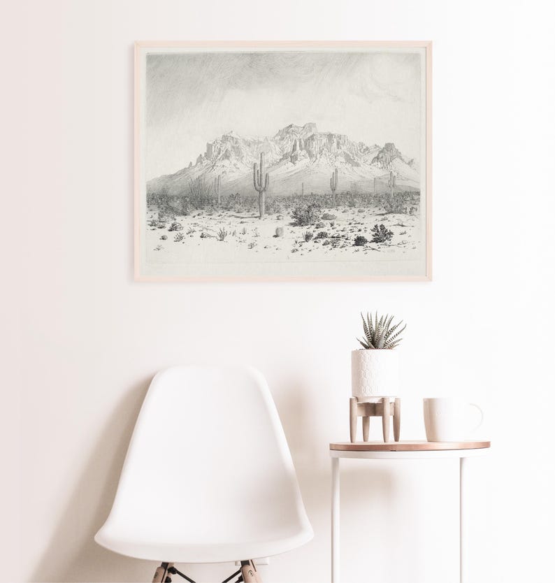 Puede incluir: Un dibujo a l&aacute;piz en blanco y negro de un paisaje des&eacute;rtico con monta&ntilde;as en el fondo y cactus en primer plano.
