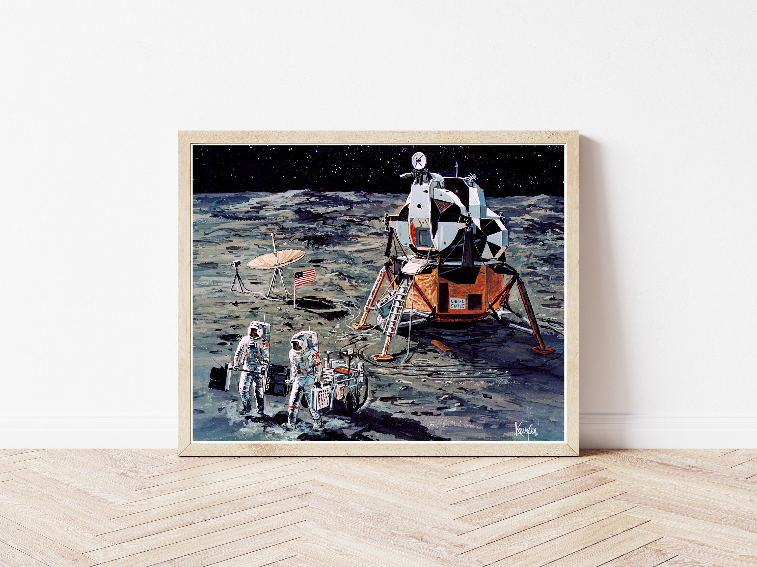 【一点物現代アート】宇宙人たちの絵【F8号】 NASA アポロ14号 月面着陸 コンセプトアート 1971年 絵画 | ファイン