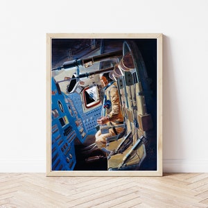 May include: A painting of a person in a spacesuit sitting in the cockpit of a spacecraft. The person is looking out of a window at the dark space outside. The cockpit is filled with buttons and controls.