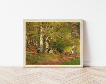 Deer in Forest Landscape Circa 1900 Oil Painting  | Fine Art Print