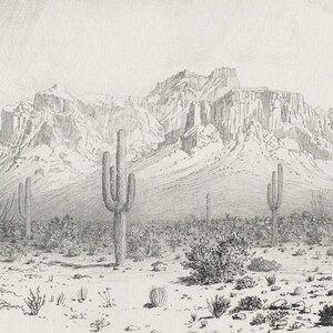 Puede incluir: Un dibujo a l&aacute;piz en blanco y negro de un paisaje des&eacute;rtico con monta&ntilde;as en el fondo y cactus en primer plano.