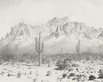 Phoenix Arizona Superstition Mountains 1929 Etching | Fine Art