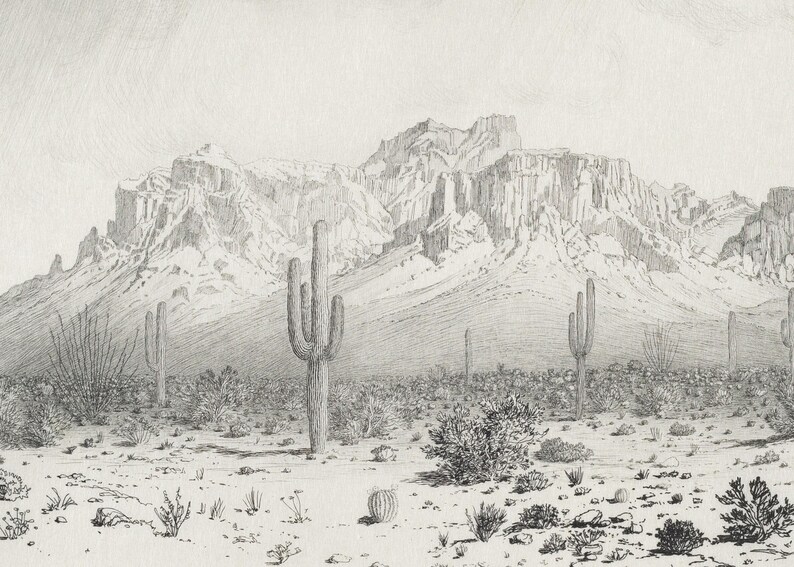 Puede incluir: Un dibujo a l&aacute;piz en blanco y negro de un paisaje des&eacute;rtico con monta&ntilde;as en el fondo y cactus en primer plano.