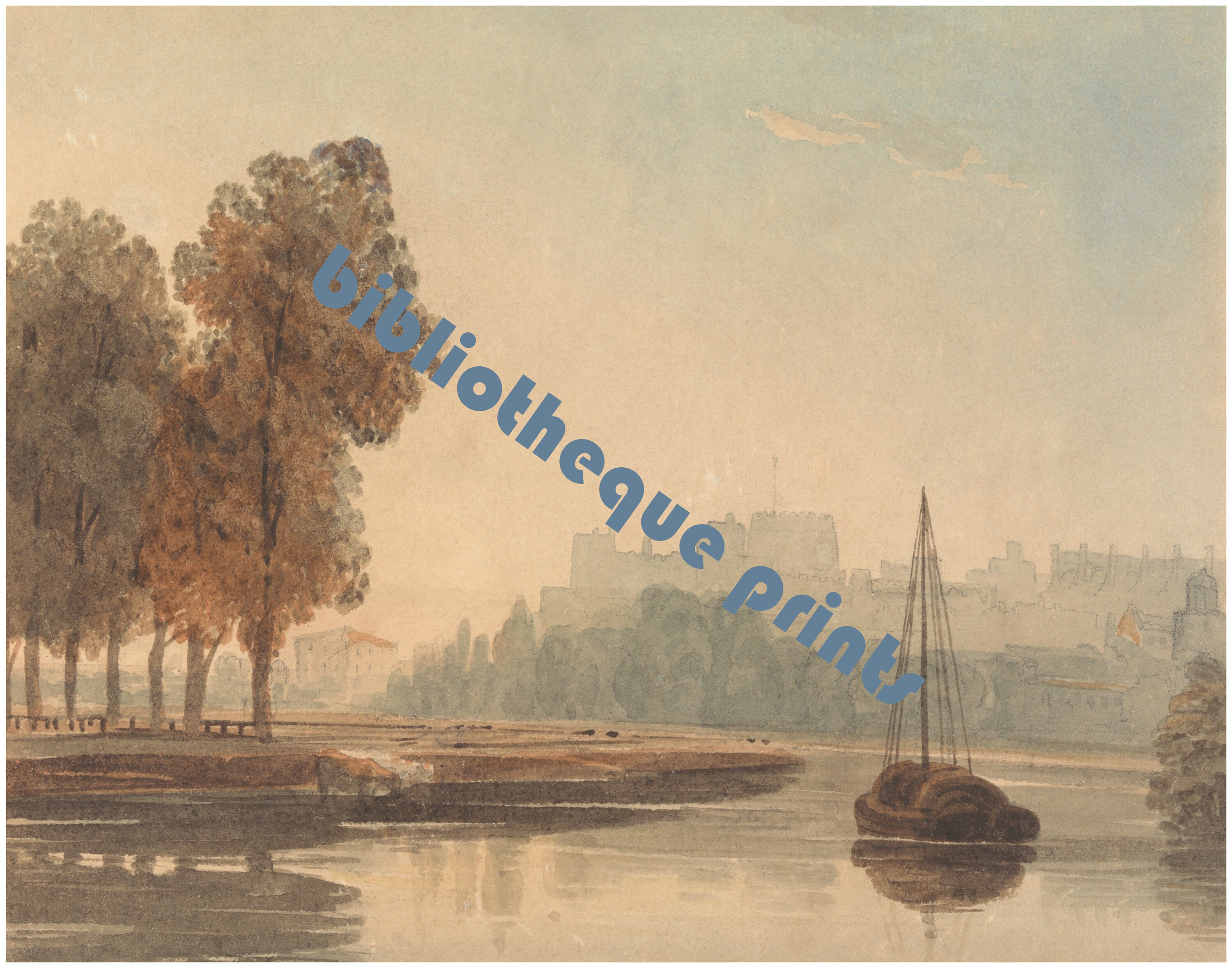 ロンドン、イングランド、イギリスの風景とテムズ川、1830年頃の水彩画